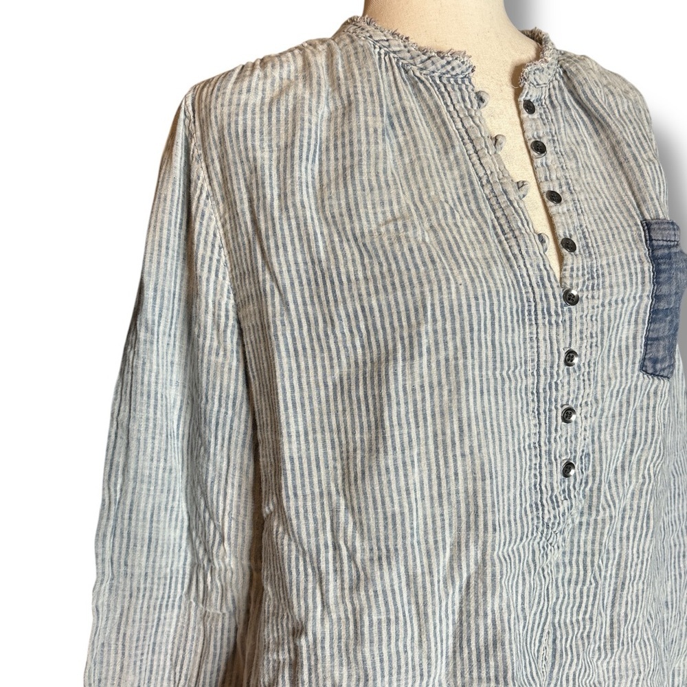 William Rast Blue Crepe Cotton Split Neck Balloon Sleeve Peasant Blouse
